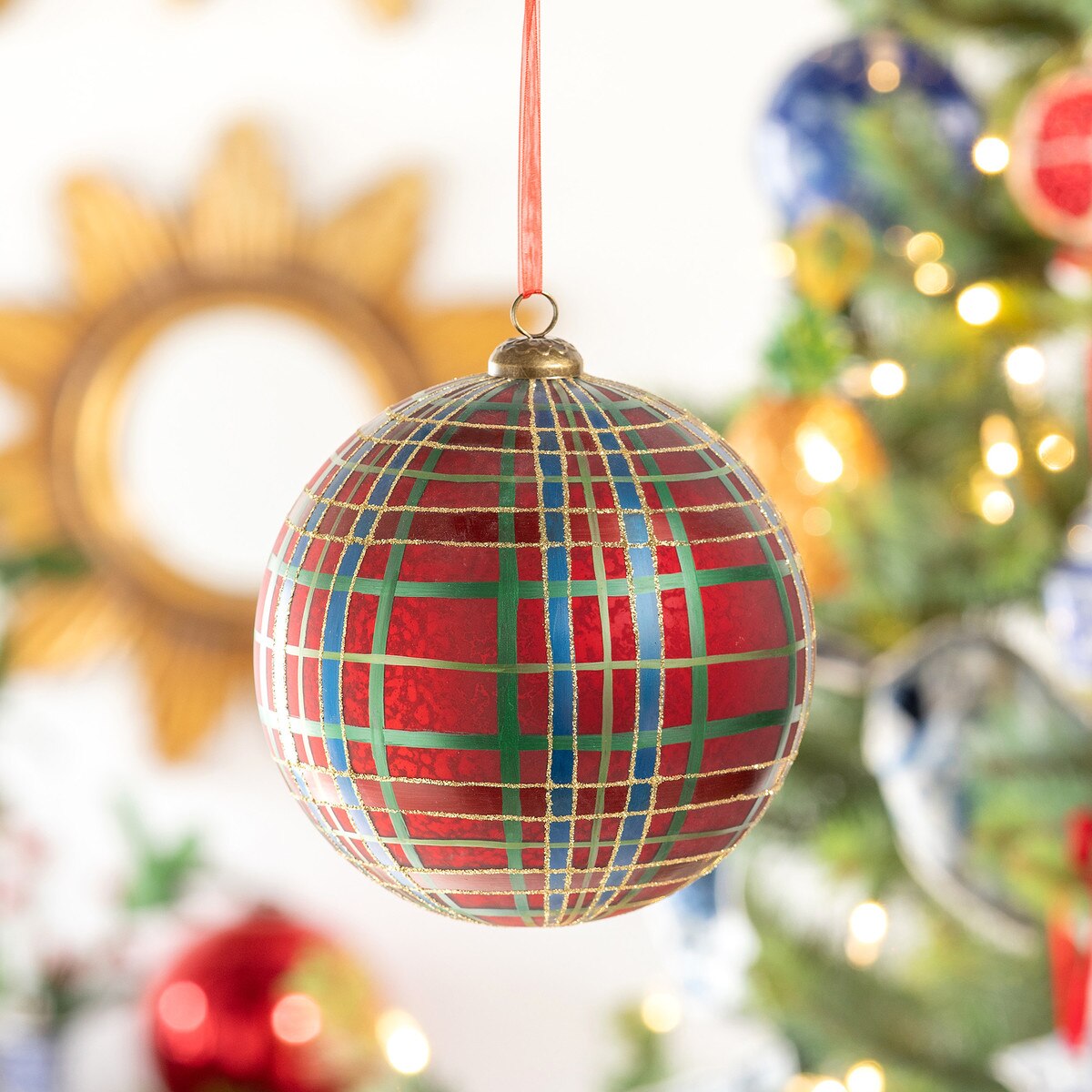 6" Hand Painted Plaid Glass Ball Ornament